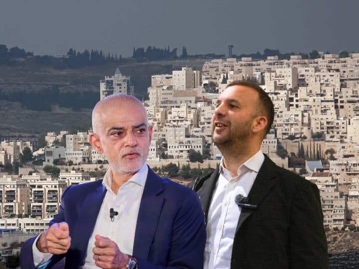Composite image showing Sadiq Khan and Zack Polanski in front of a photo of an Israeli settlement in the West Bank