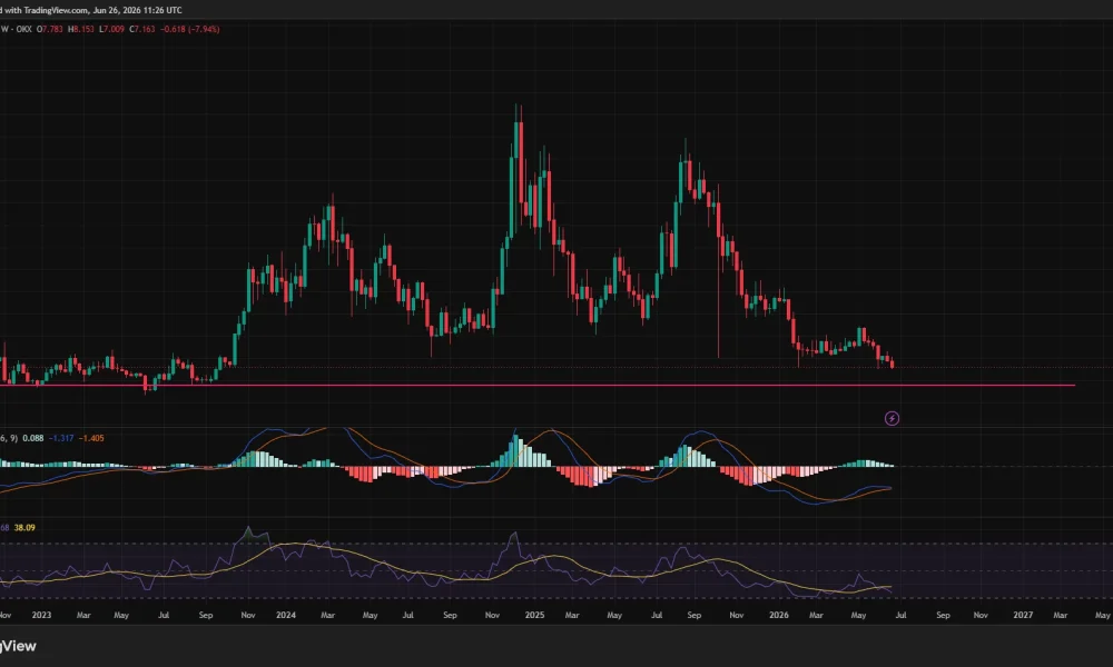 Chainlink weekly chart showing a prolonged downtrend as price approaches the key $5.50-$6.30 support zone with bearish RSI and MACD.