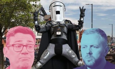 Composite image showing Andy Burnham, Count Binface and Rob Kenyon in front of a street scene in Makerfield
