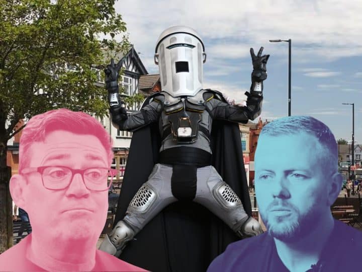 Composite image showing Andy Burnham, Count Binface and Rob Kenyon in front of a street scene in Makerfield