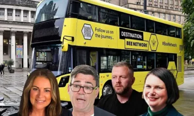 Composite image of Restore, Labour, Reform and Green candidates for Makerfield by-election in front of a Bee Network bus. Illustrating questions of candidates on public ownership
