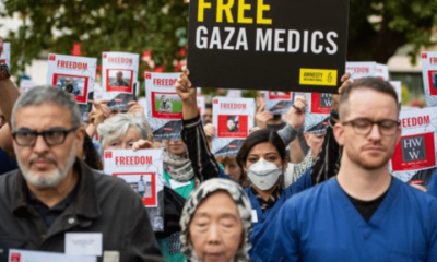 NHS healthcare workers rally for detained Gaza medics
