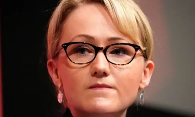 Rebecca Long-Bailey, pictured in March 2020, when she was then Shadow Secretary of State for Business, looks on during the last Labour Party Leadership hustings at Dudley Town Hall, West Midlands. Her expression is determined and she’s straight-faced.