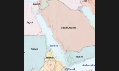 A map showing the Red Sea and other countries around it so Yemen towards the bottom and Israel at the top next to Egypt on the left and to Jordan to the right