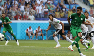 Salman Alfaraj of Saudi Arabia scores a penalty for his team's first goal during the 2018 FIFA World Cup Russia group A match between Saudia Arabia and Egypt at Volgograd Arena on June 25, 2018 in Volgograd, Russia