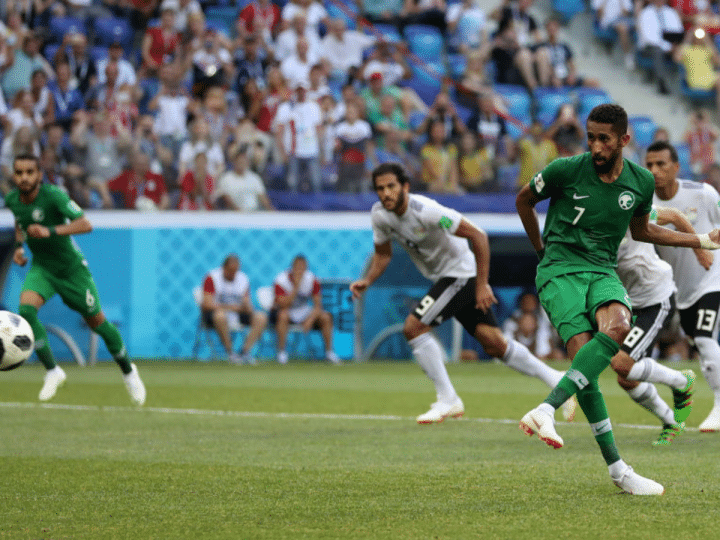 Salman Alfaraj of Saudi Arabia scores a penalty for his team's first goal during the 2018 FIFA World Cup Russia group A match between Saudia Arabia and Egypt at Volgograd Arena on June 25, 2018 in Volgograd, Russia