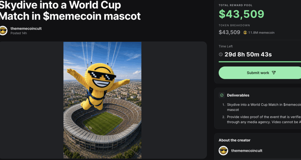 Memecoin ‘cult’ offered $50K to anyone willing to skydive into World Cup match