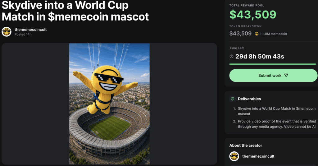 Memecoin ‘cult’ offered $50K to anyone willing to skydive into World Cup match