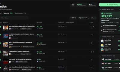 Pump.fun GO bounty marketplace showing 323 active bounties, $142K in unclaimed rewards, and top tasks offering up to $22,747.