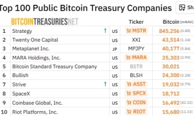 BitcoinTreasuries data ranks SpaceX eighth among corporate Bitcoin holders with 18,712 BTC.