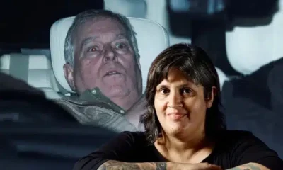 Composite image showing artist Dolly Sen in front of press photo of Andrew Windsor in police 4x4.