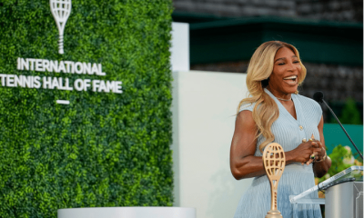 Serena Williams, looking glam in a smart tennis dress, introduces Maria Sharapova during the 2025 Induction Celebration weekend at the International Tennis Hall of Fame in Newport, R.I. on Saturday, August 23, 2025.