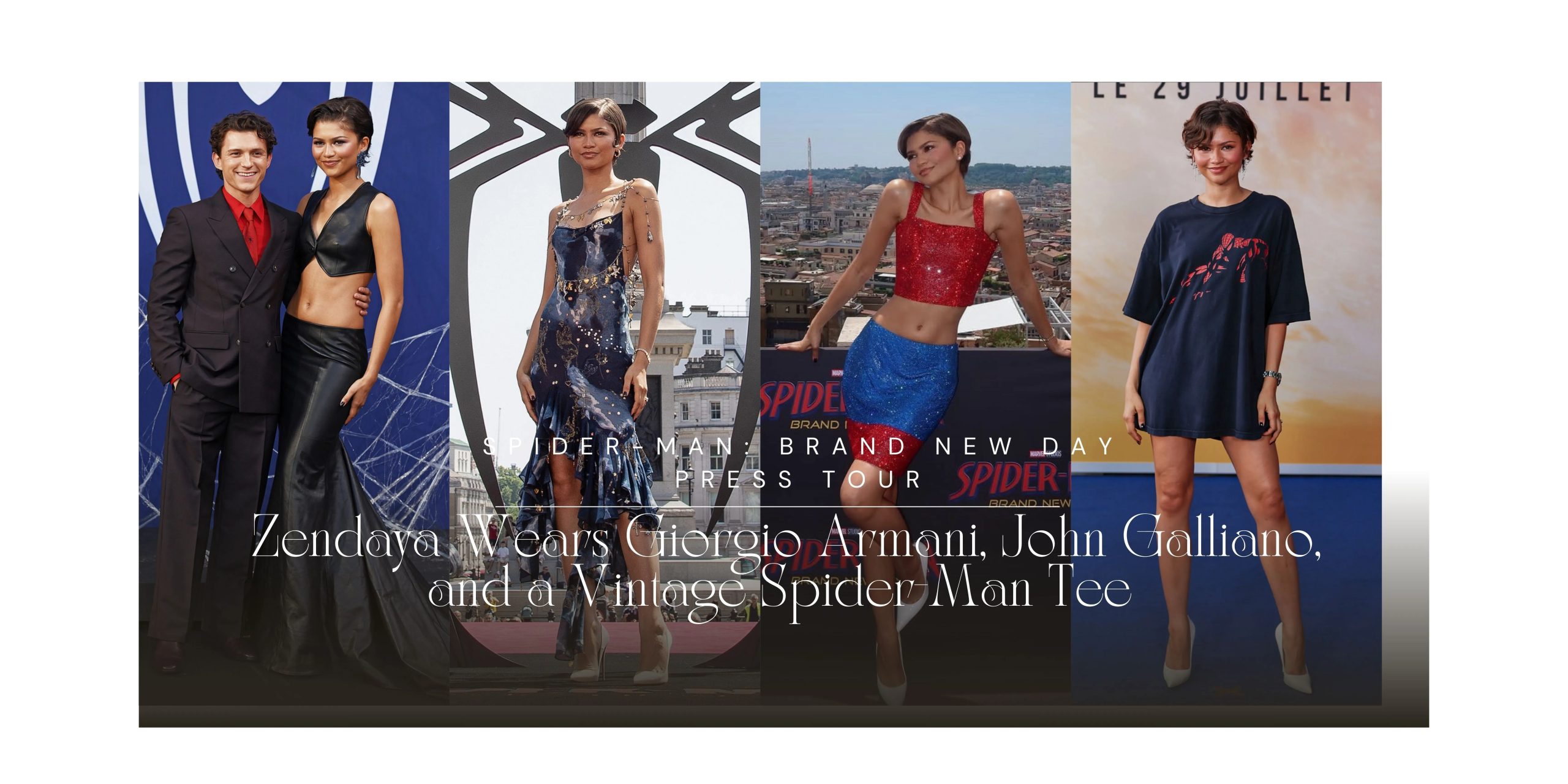 Zendaya Wears Giorgio Armani, John Galliano, and a Vintage Spider-Man Tee on the Spider-Man: Brand New Day Press Tour