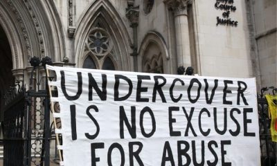Banner outside Spycops Inquiry saying Undercover Is No Excuse For Abuse