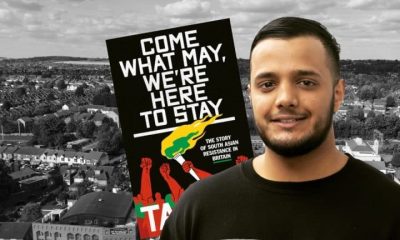 Composite image showing author Taj Ali with book Come what may, we’re here to stay: The story of South Asian resistance in Britain over a b/w aerial photo of Luton