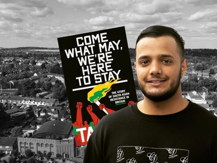 Composite image showing author Taj Ali with book Come what may, we’re here to stay: The story of South Asian resistance in Britain over a b/w aerial photo of Luton