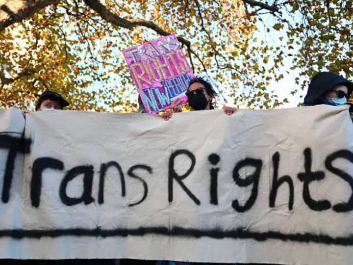 Trans rights activists hold placard