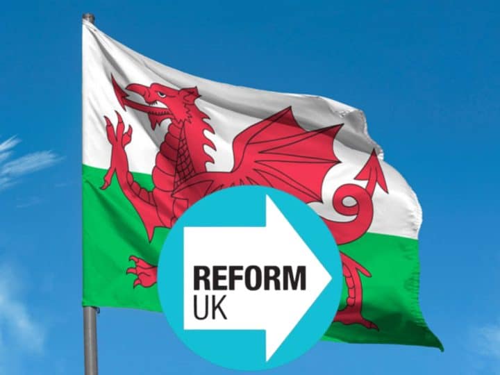 Cymru flag and Reform logo