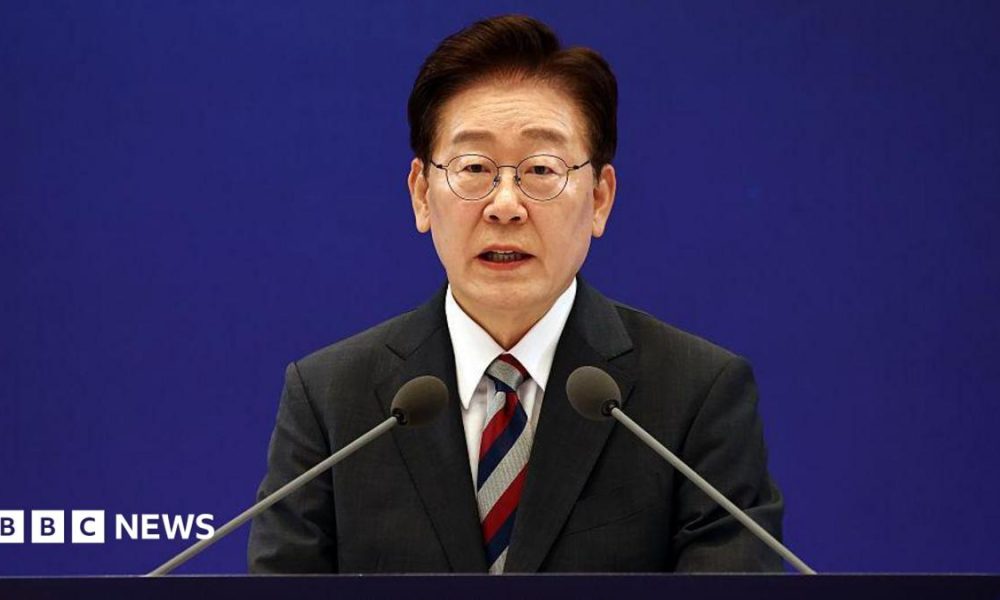South Korean President Lee Jae-myung speaking during a news conference at the presidential Blue House in Seoul