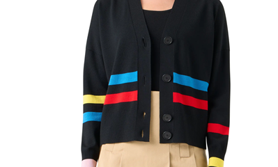 black wool cardigan with blue, yellow, red and pink stripes on it