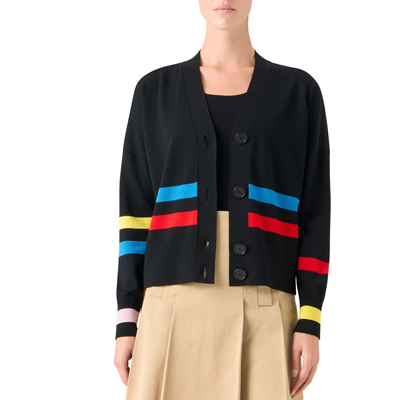 black wool cardigan with blue, yellow, red and pink stripes on it