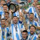 Argentina captain Lionel Messi leads the celebrations after his team's 1-0 Copa America final win over Colombia on Sunday