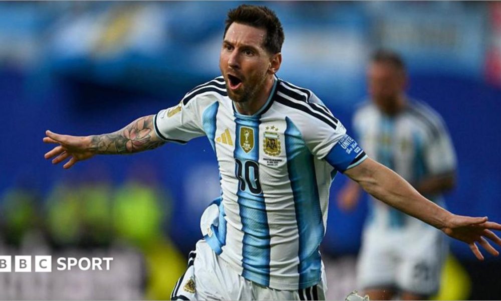 Lionel Messi celebrating scoring for Argentina