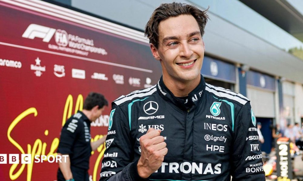 George Russell celebrates winning the Austrian Grand Prix
