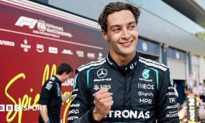 George Russell celebrates winning the Austrian Grand Prix
