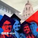 A stylised image of graduates in front of the Stanford University campus