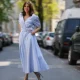Anna Wolfers wearing blue midi dress and green heels on May 01, 2021 in Hamburg, Germany.