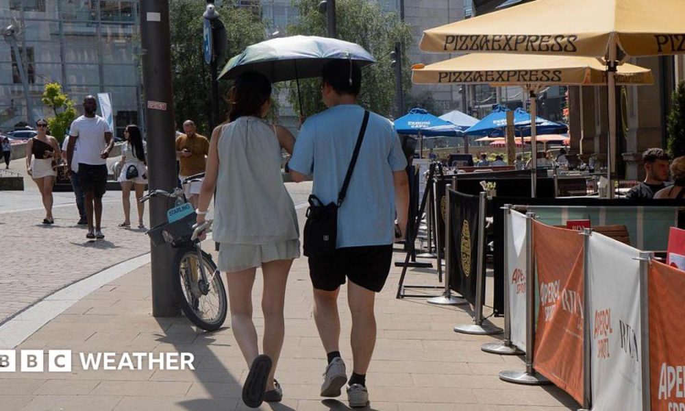 two people walking in the street holding umbrellas to shield them from the hot weather