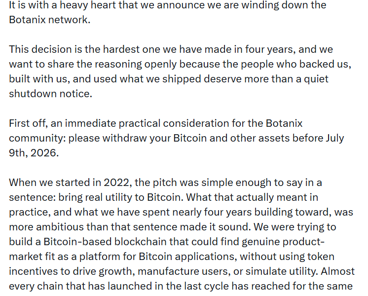 Botanix Shuts Down as Bitcoin Defi Demand Falls Short