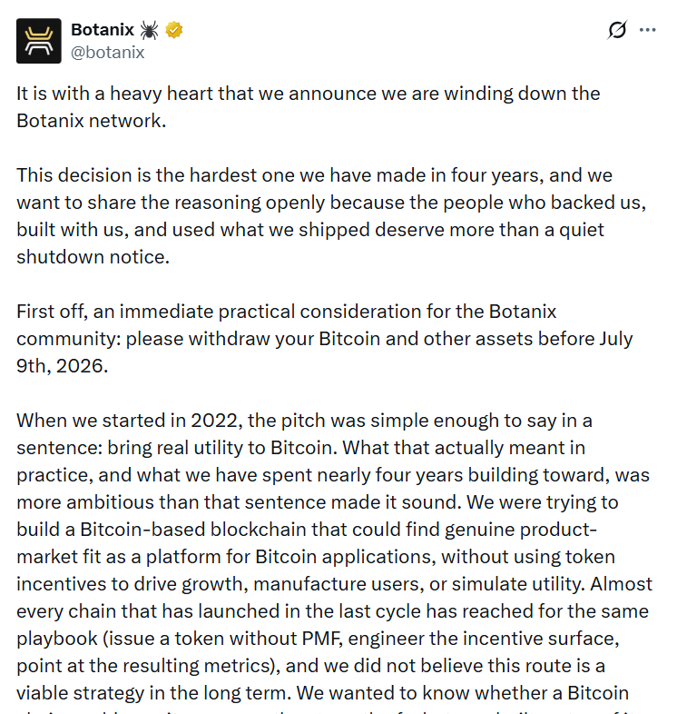 Botanix Shuts Down as Bitcoin Defi Demand Falls Short