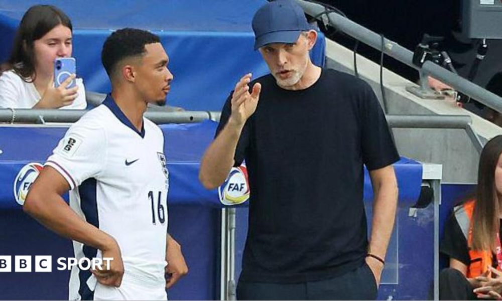 England head coach Thomas Tuchel speaks to Trent Alexander-Arnold on the touchline