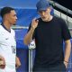 England head coach Thomas Tuchel speaks to Trent Alexander-Arnold on the touchline