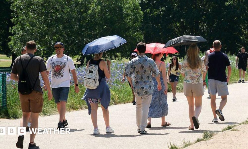 people walking on a pathway through a park.  Some are holding umbrellas to shade them from the hot weather