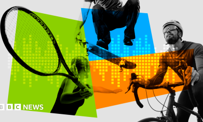 A stylised images of a woman playing tennis, a man on a bike, and a skateboarder doing a trick.