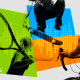 A stylised images of a woman playing tennis, a man on a bike, and a skateboarder doing a trick.