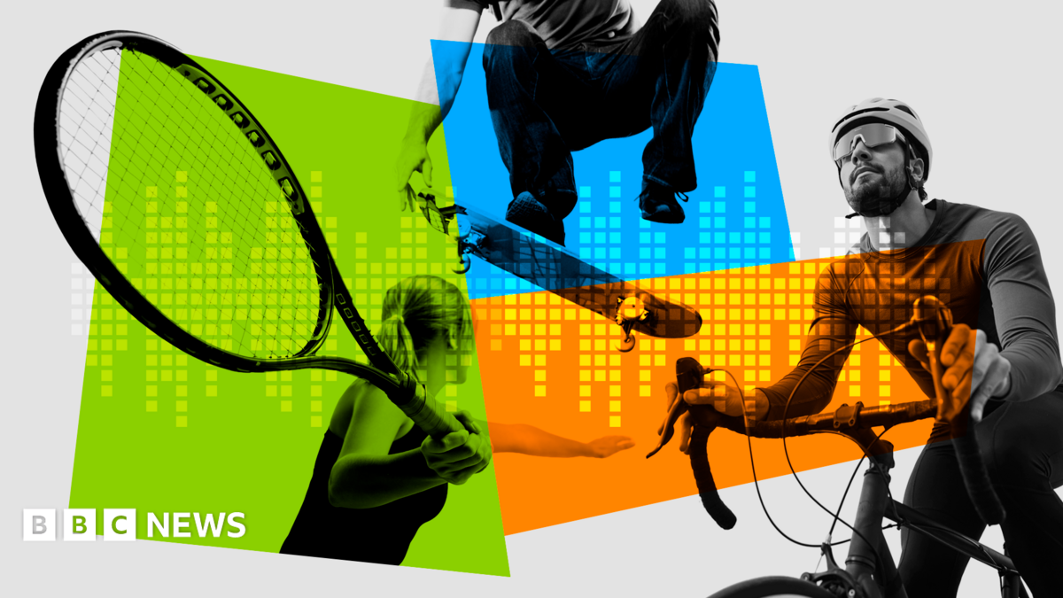 A stylised images of a woman playing tennis, a man on a bike, and a skateboarder doing a trick.