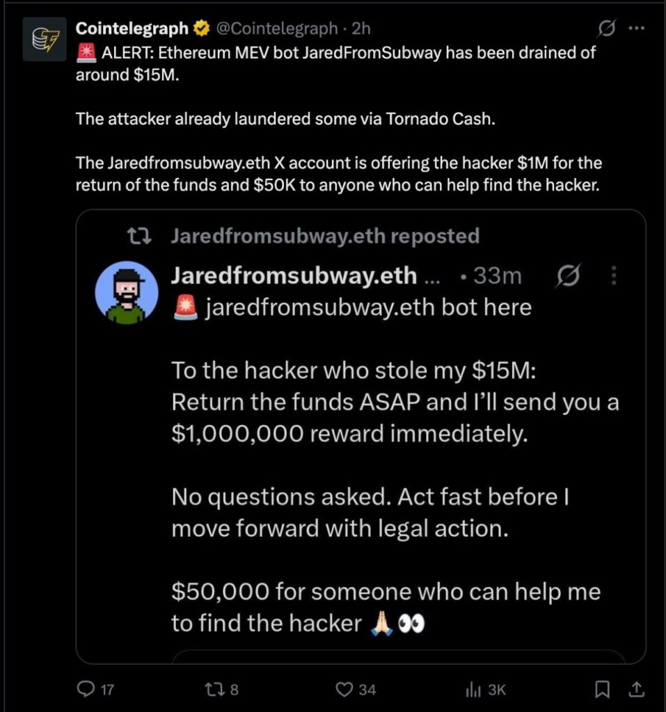 MEV bot JaredFromSubway.eth loses $7.5M to approvals honeypot