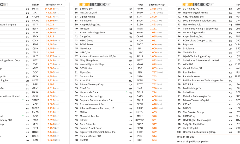 Top 100 Public Bitcoin Treasury Companies
