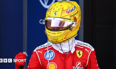 Ferrari's Lewis Hamilton clenches his fist in celebration after winning the Barcelona-Catalunya Grand Prix