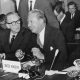 Edward Heath, Lord Privy Seal, at a meeting with British delegates on joining the European Economic Community, Brussels, Belgium, 9 November 1961.