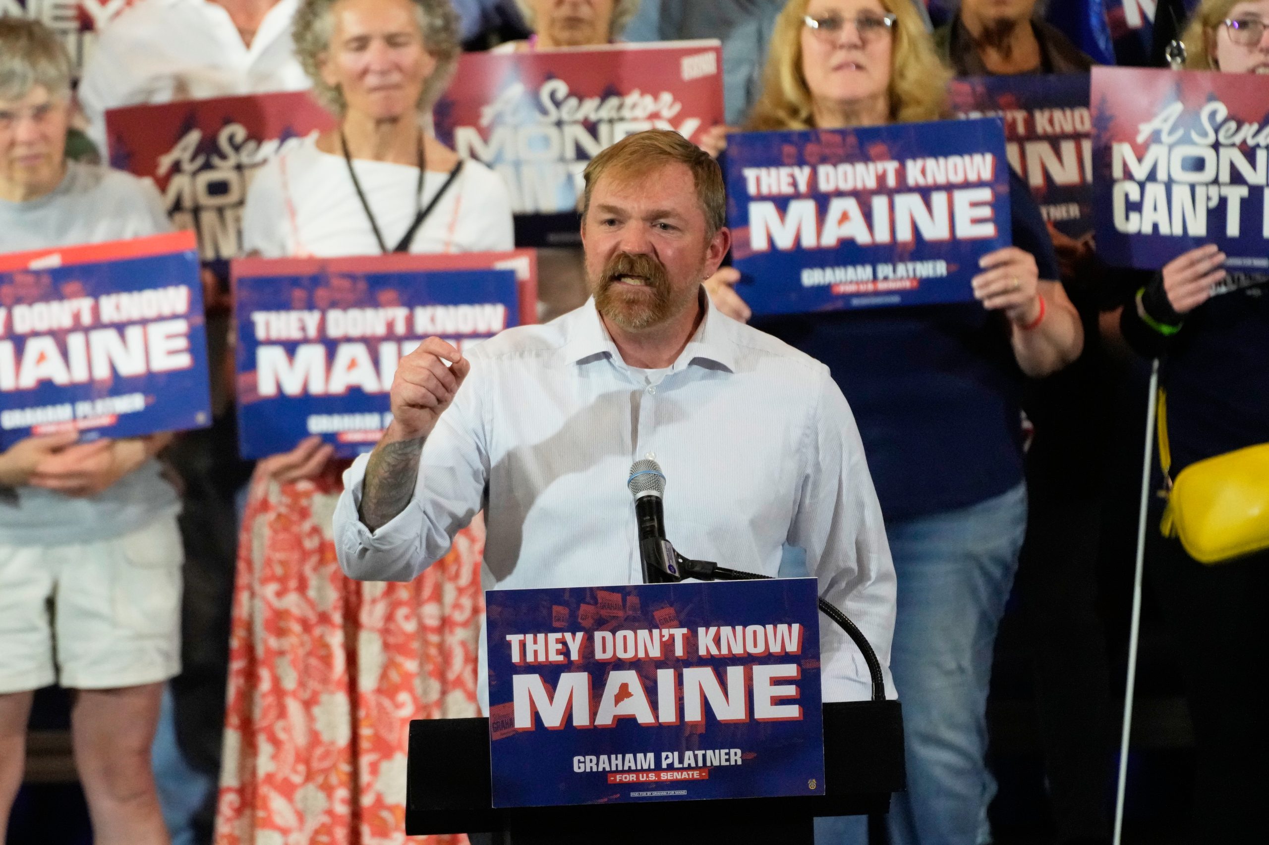 Democratic Senate candidate Graham Platner speaks during a primary election night watch party on June 9, 2026, in Blue Hill, Maine.