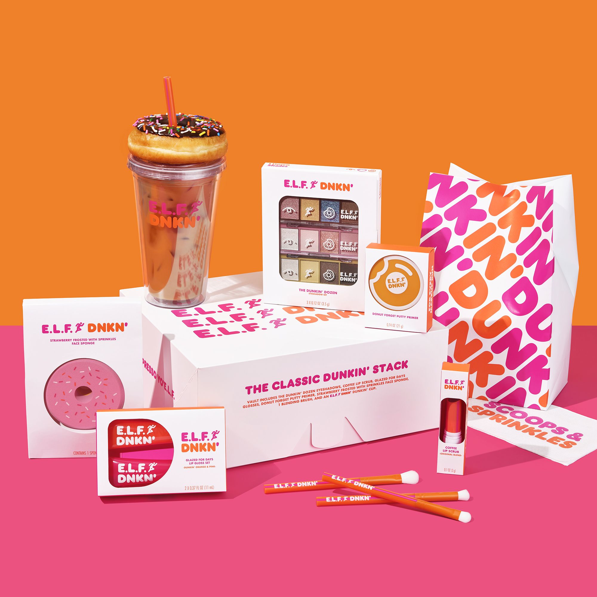 The e.l.f. x Dunkin' makeup collection. Coffee-inspired textures, glazed-up formulas & ultra-pigmented shades&mdash;for a limited time only, e.l.f. runs on Dunkin.'