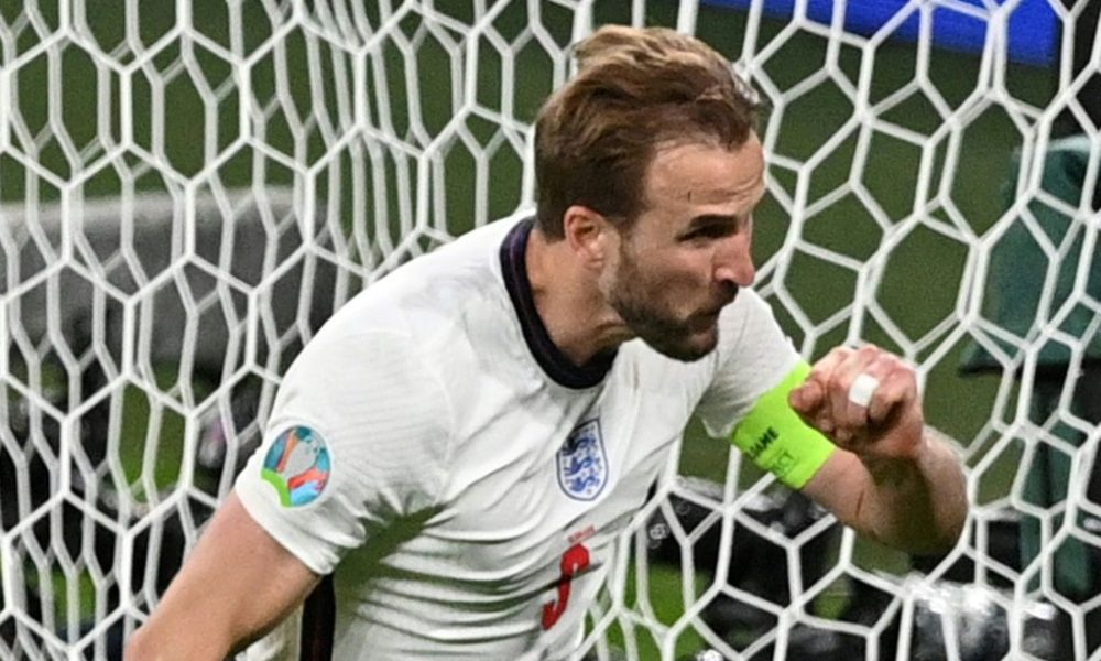 England forward Harry Kane celebrates against Denmark at Wembley