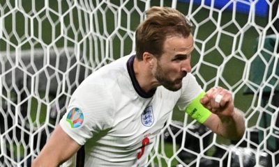 England forward Harry Kane celebrates against Denmark at Wembley