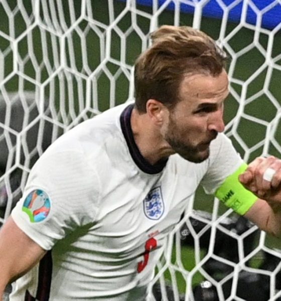 England forward Harry Kane celebrates against Denmark at Wembley