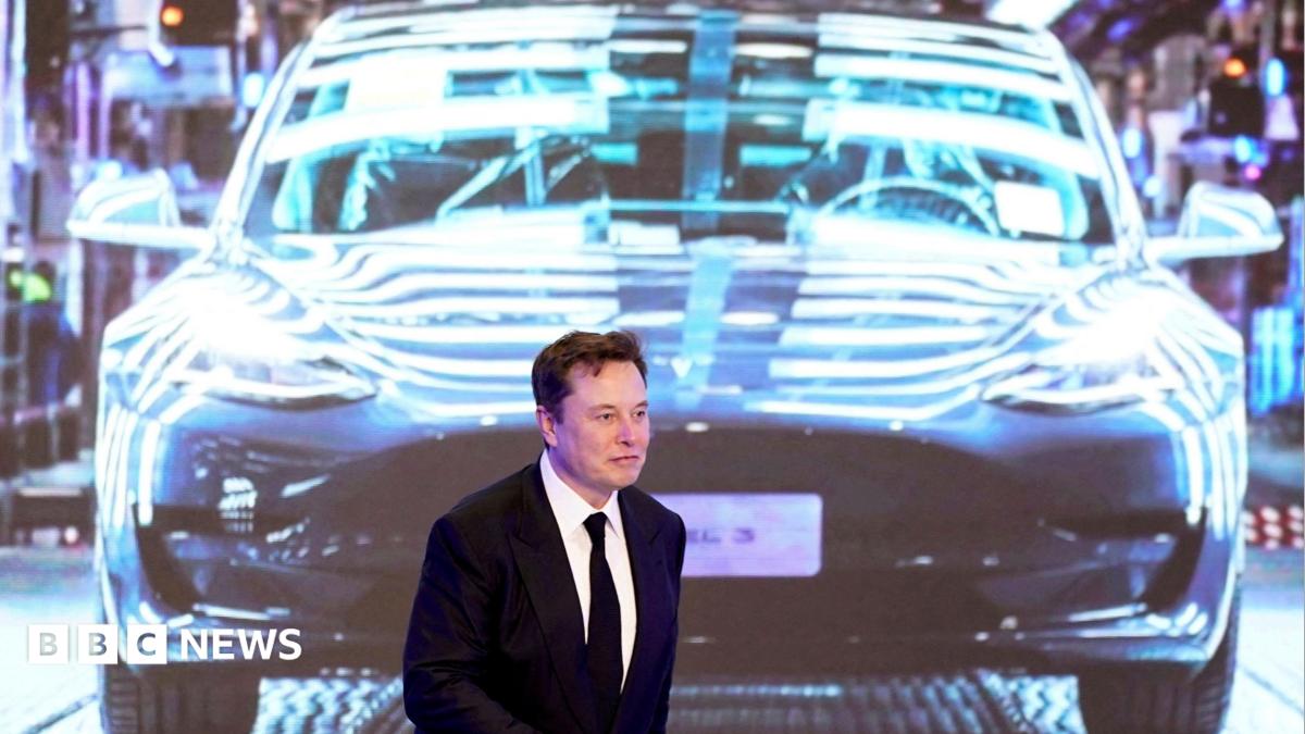 Elon Musk walking in front of a projected image of a Tesla car, wearing a black suit and tie.